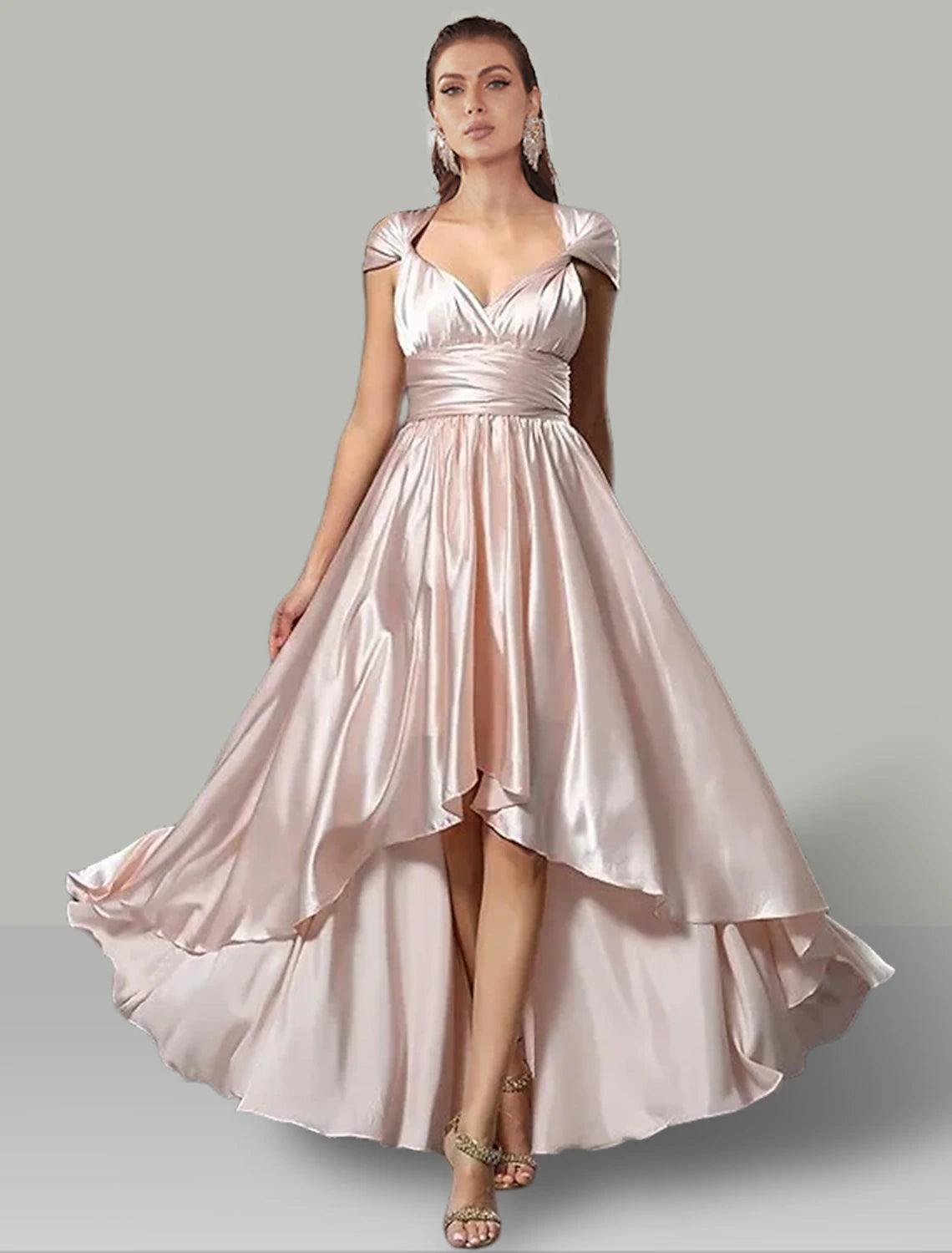Robe de mariée trapèze asymétrique sans manches, col en V, convertible, en satin avec fronces