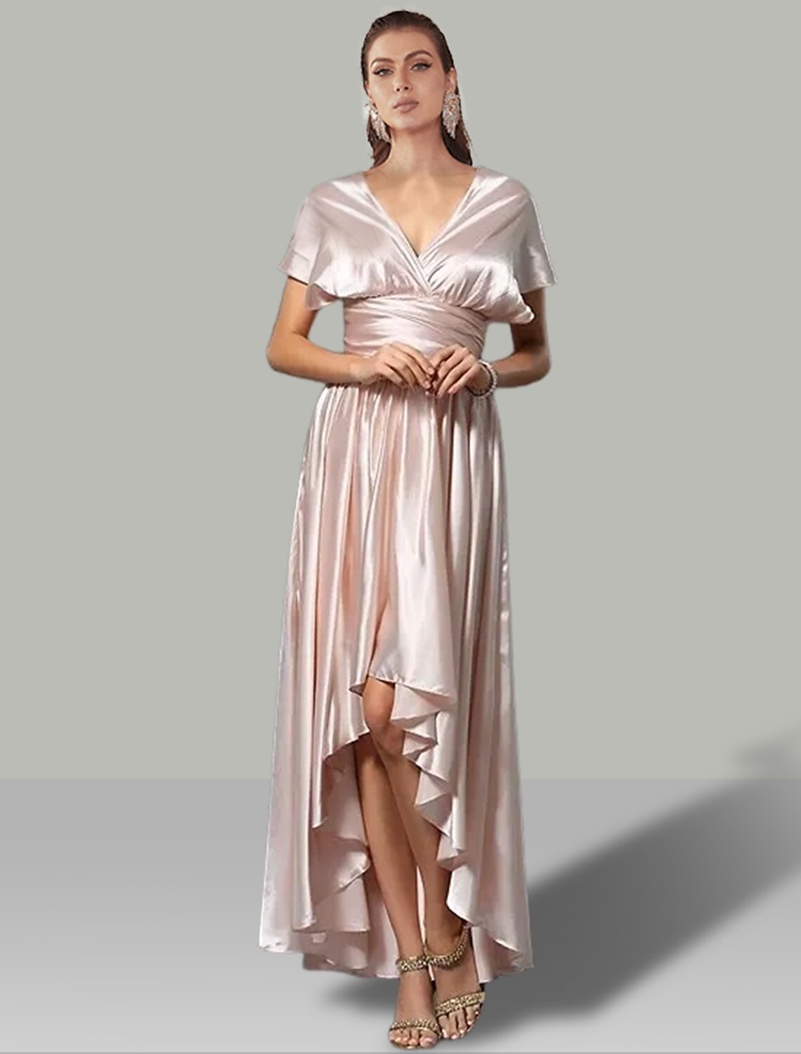 Robe de mariée trapèze asymétrique sans manches, col en V, convertible, en satin avec fronces