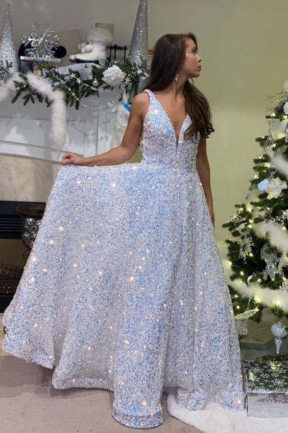 White‑Iridescent A‑Line Spaghetti‑Strap Deep‑V Open‑Back Full‑Sequin Floor‑Length Pocket‑Detail Prom Dress