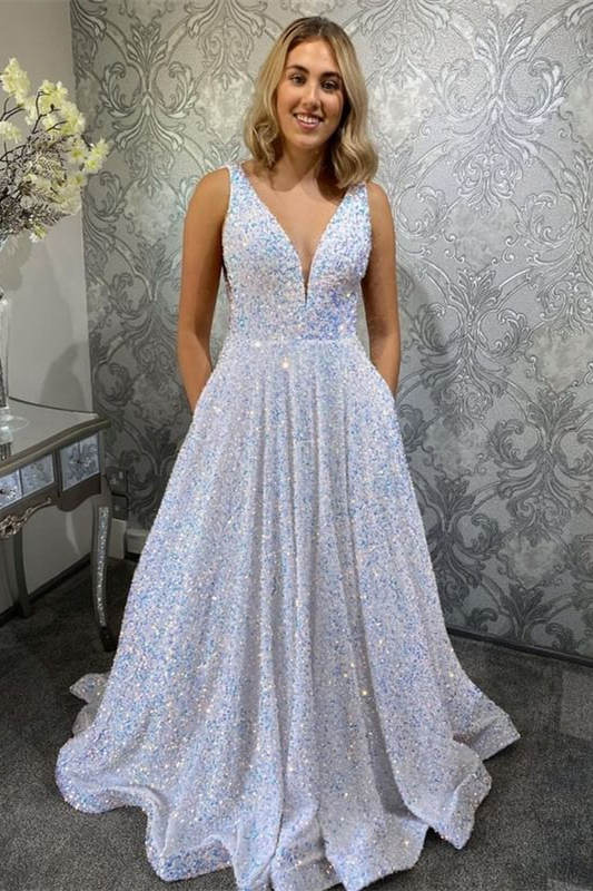 White‑Iridescent A‑Line Spaghetti‑Strap Deep‑V Open‑Back Full‑Sequin Floor‑Length Pocket‑Detail Prom Dress