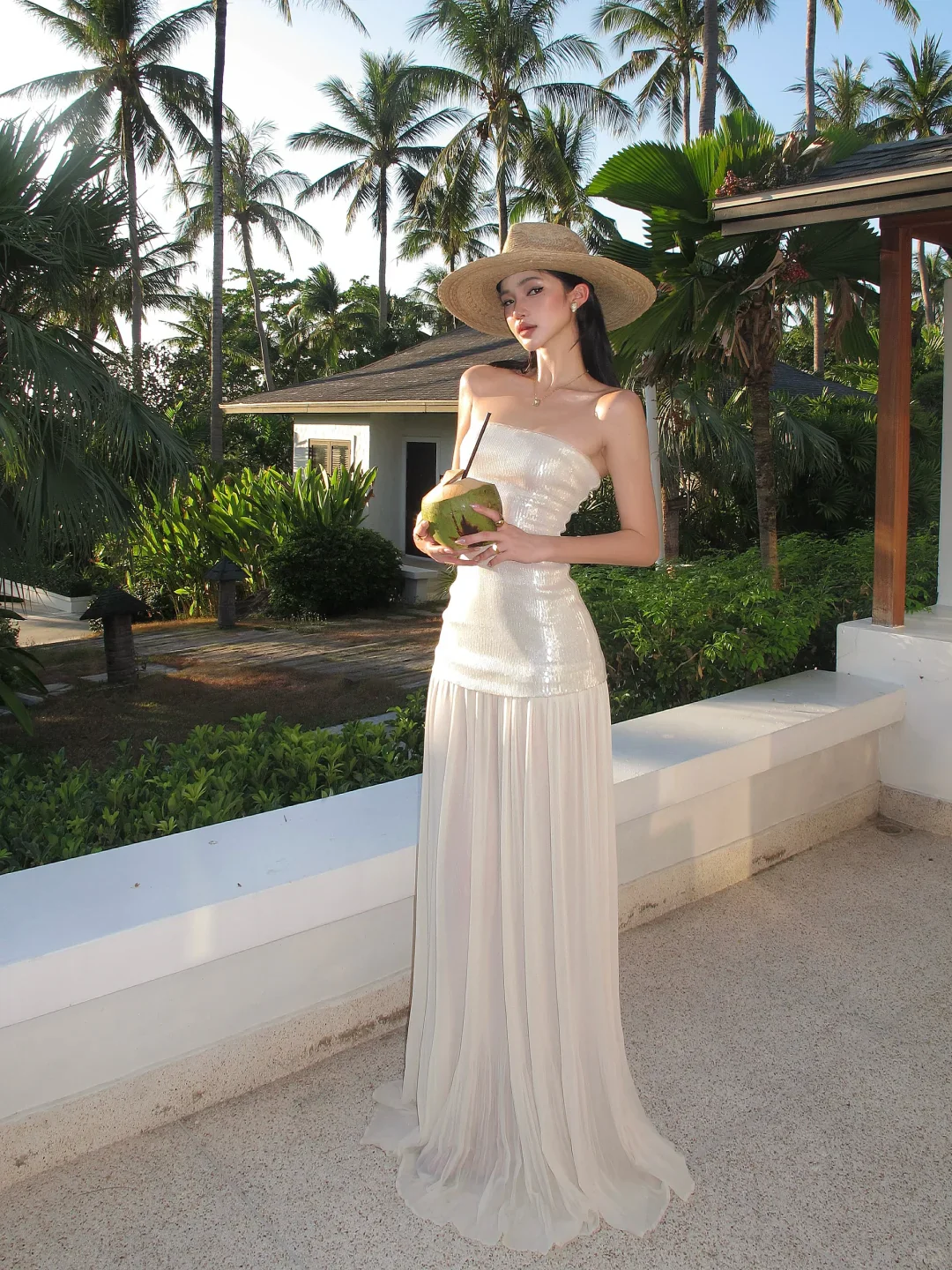 White Strapless Sequin Pleated Chiffon Long Evening Dress