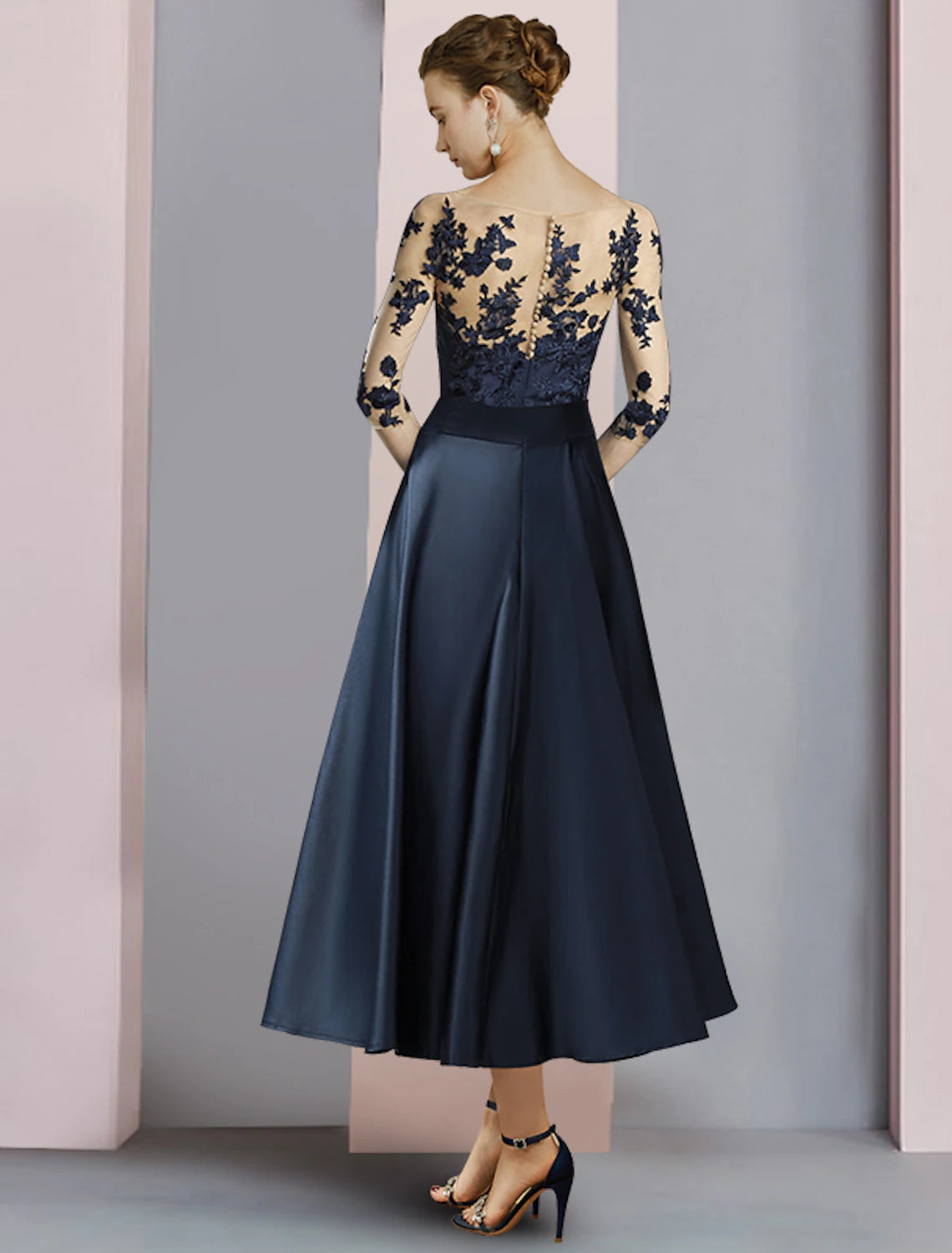 Etuikleid/Säulenkleid für die Brautmutter, Herbst, Hochzeitsgast, Party, elegant, Rundhalsausschnitt, knöchellang, Satin, Spitze, halbe Ärmel, mit Schleife(n), Falten
