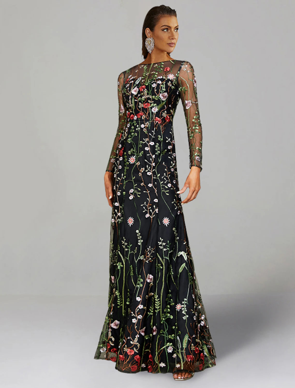 Etuikleid/Säulenkleid für Hochzeitsgäste, Blumenkleid, halbformell, Gartenparty, bodenlang, langärmlig, Rundhalsausschnitt, Tüll mit Stickerei
