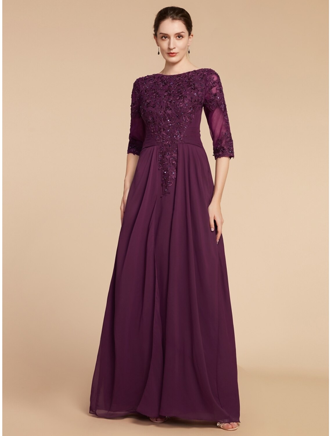 Etuikleid/Säulenkleid für die Brautmutter, Hochzeitsgast, elegant, Rundhalsausschnitt, bodenlang, Chiffon, Spitze, halbe Ärmel, mit Falten, Pailletten
