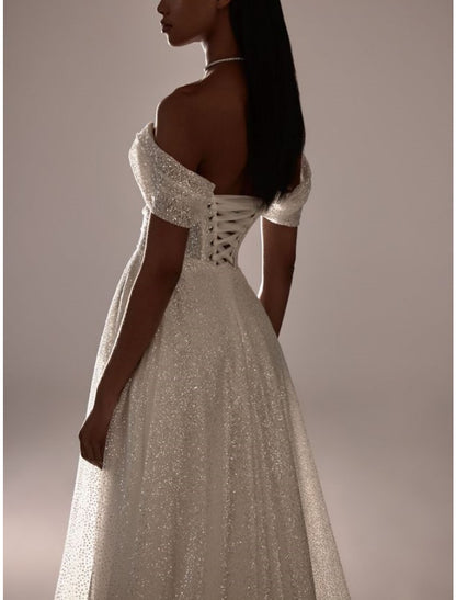 Formal Wedding Dresses A-Line Off Shoulder Short Sleeve Court Train Tulle Bridal Gowns With Pleats Ruched