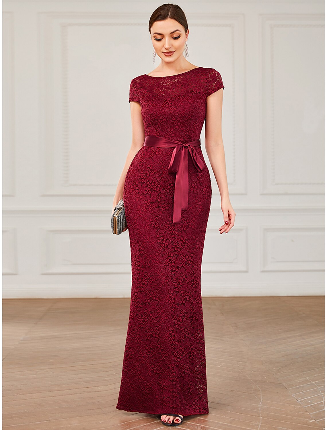 Meerjungfrau/Trompete Abendkleid Elegantes Kleid Formelle Hochzeitsgäste Bodenlang Kurzarm Juwelenhals Brautjungfernkleid Spitze V-Rücken mit Riemchen