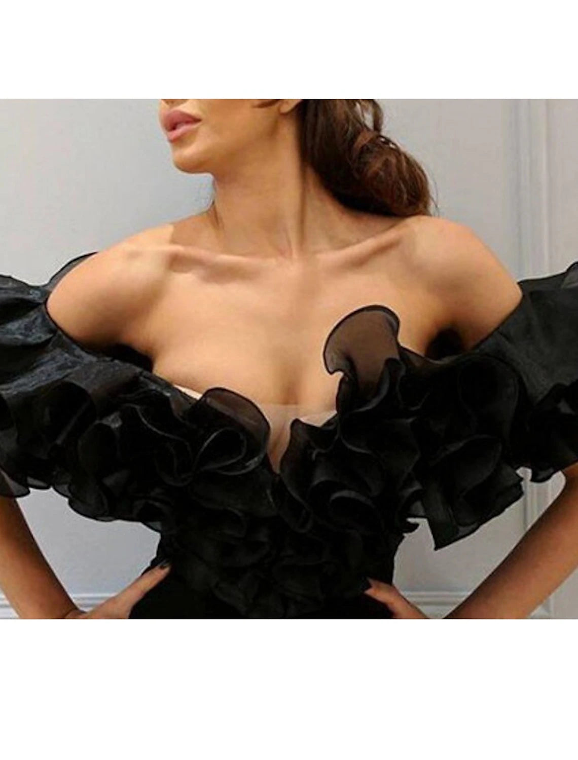 Etui-/Säulen-Ballkleider, sexy Kleid für Hochzeitsgäste, Ballkleid, bodenlang, kurze Ärmel, schulterfrei, Chiffon mit Schlitz vorne, kaskadierende Rüschen