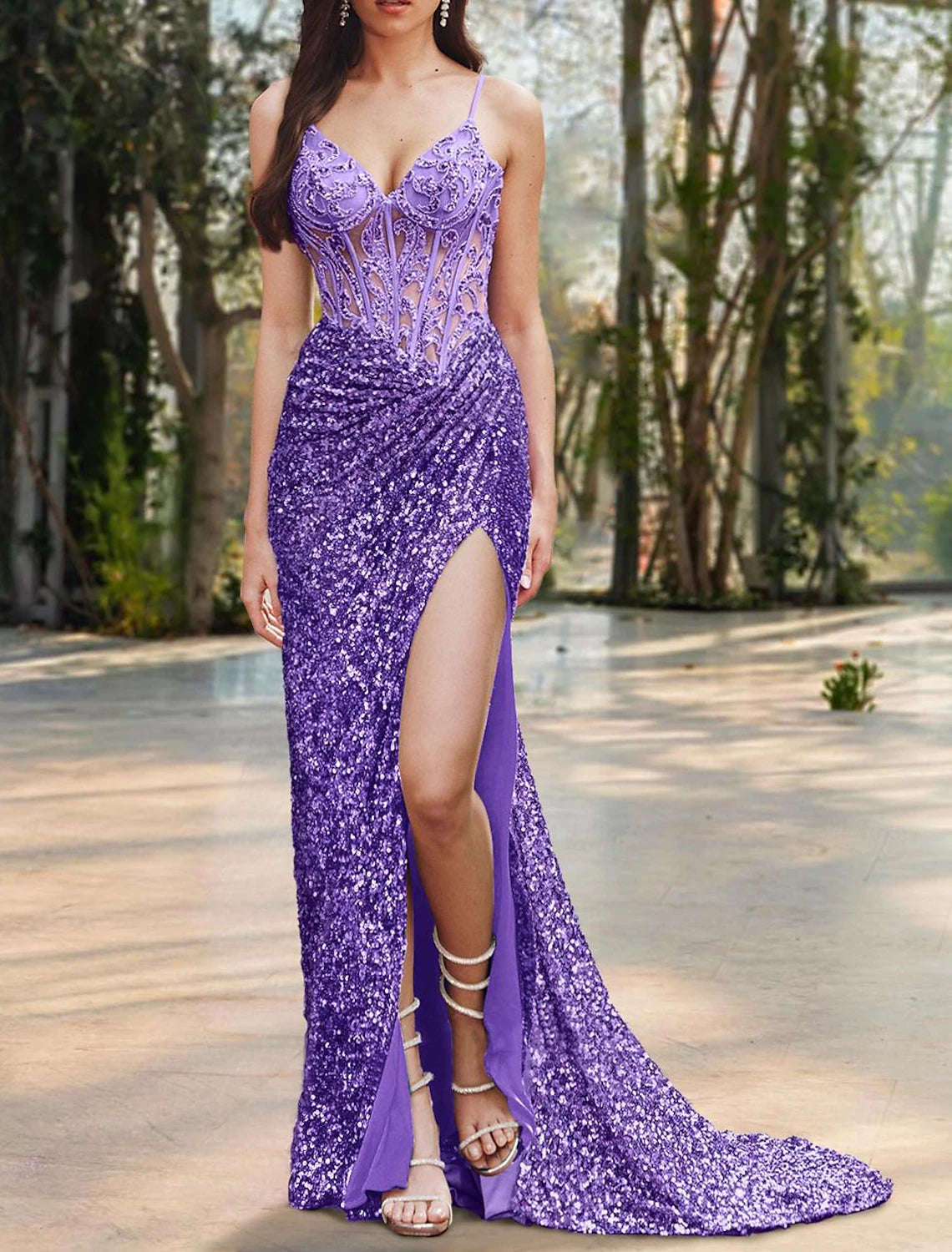 Mermaid / Trumpet Prom Dresses Corsets Dress Formal Wedding Guest Floor Length Sleeveless Spaghetti Strap Sequined with Slit Appliques