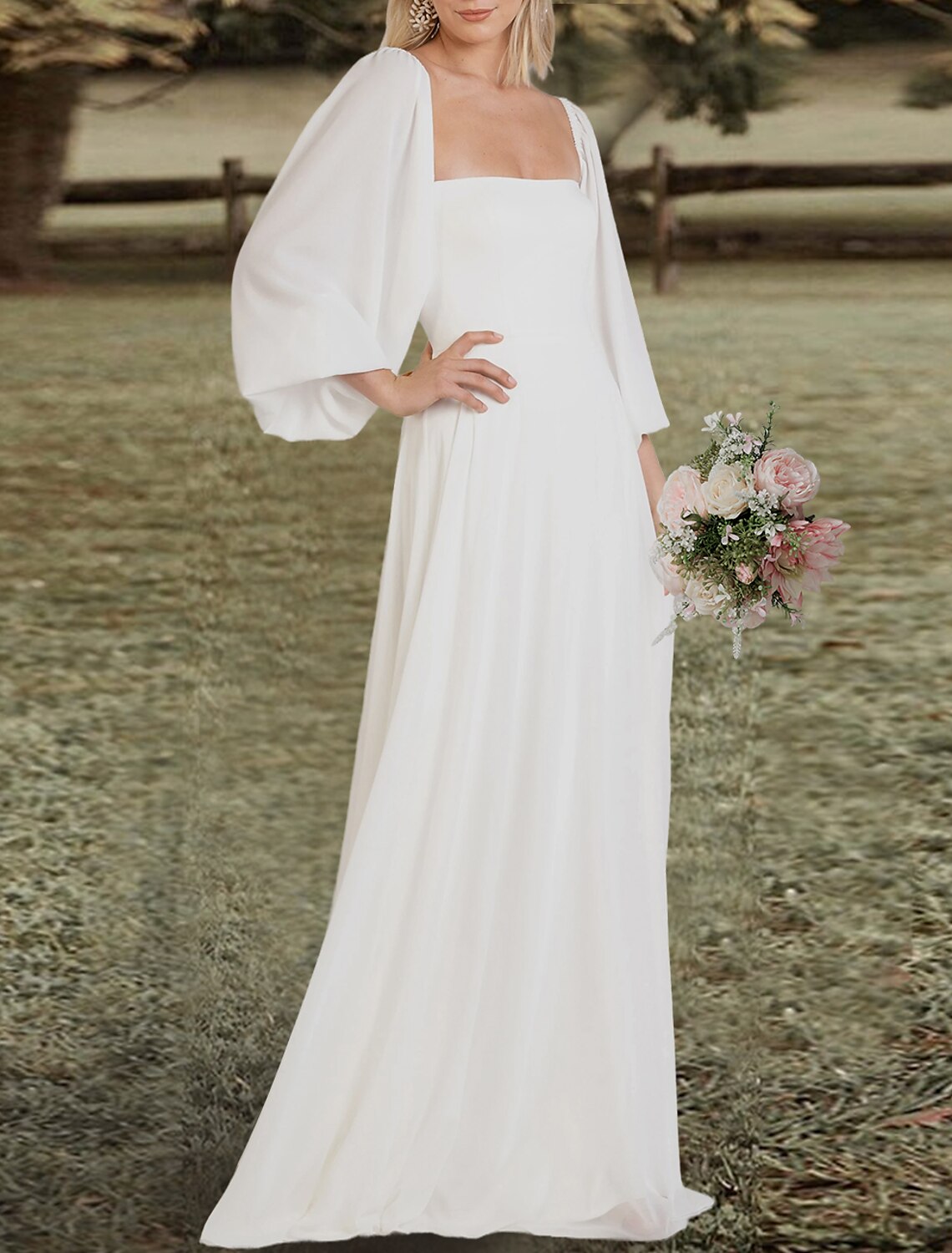 Robes de mariée de fiançailles dos nu, coupe trapèze, col carré, manches longues, traîne courte, en mousseline de soie, couleur unie