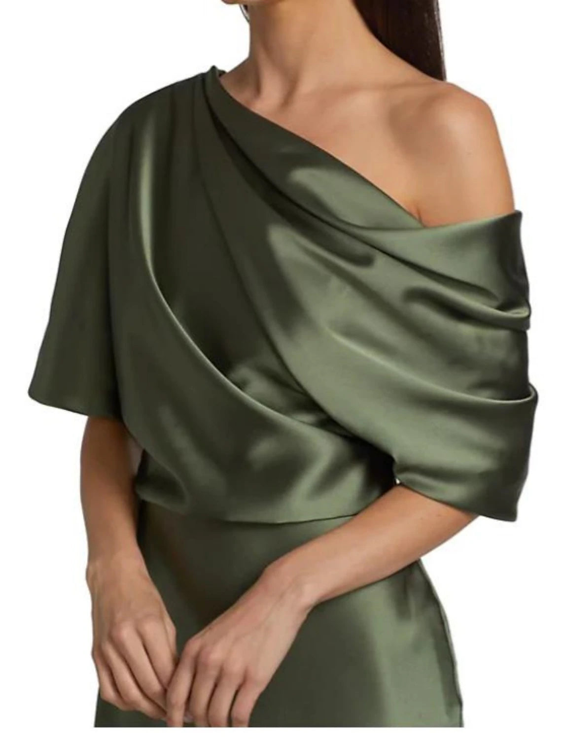 Etui-Linie/Säulenkleid für die Brautmutter, Hochzeitsgast, elegante Party, schulterfrei, Sweep/Pinselzug, Satin, halbe Ärmel mit Rüschen