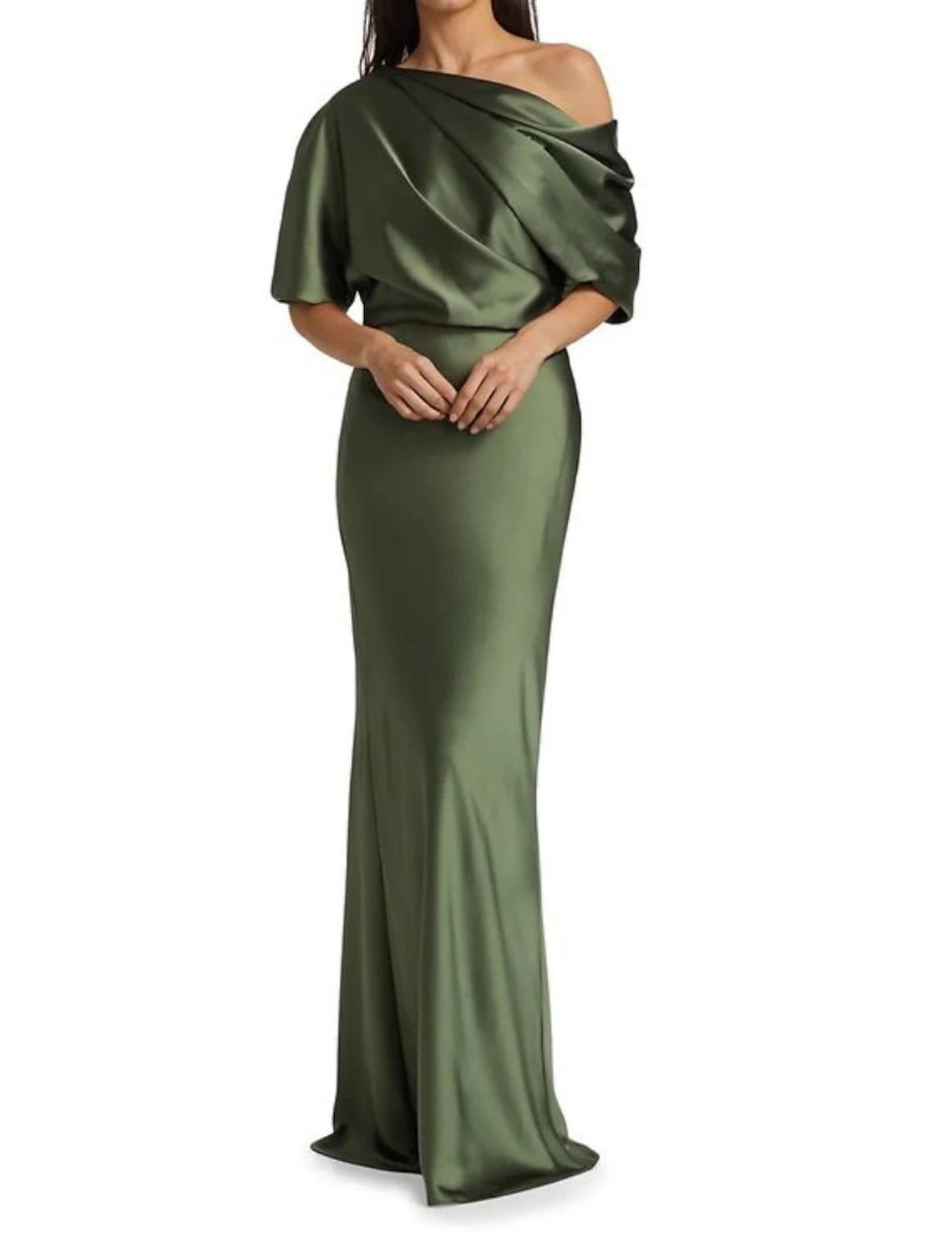 Etui-Linie/Säulenkleid für die Brautmutter, Hochzeitsgast, elegante Party, schulterfrei, Sweep/Pinselzug, Satin, halbe Ärmel mit Rüschen
