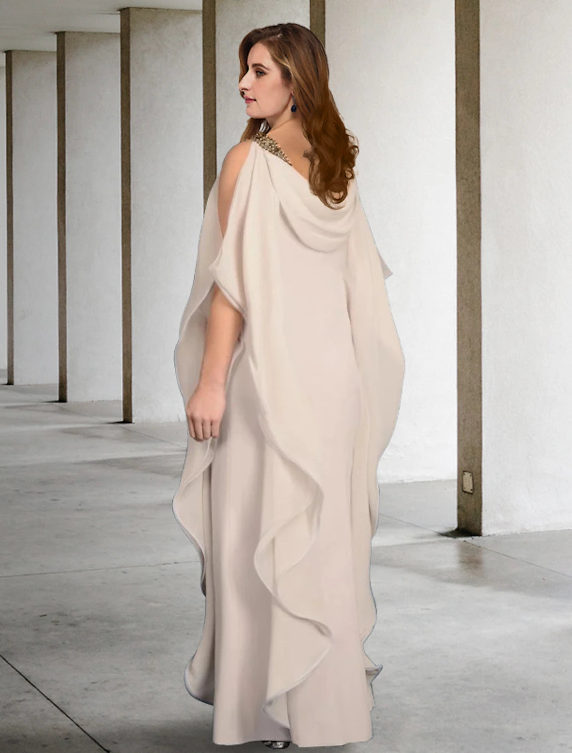 Etuikleid/Säulenkleid für die Brautmutter, Übergröße, Bauchfrei, elegantes Kleid, formelles Kleid, bodenlang, ärmellos, Rundhalsausschnitt, Chiffon mit Perlenbesatz und Rüschen