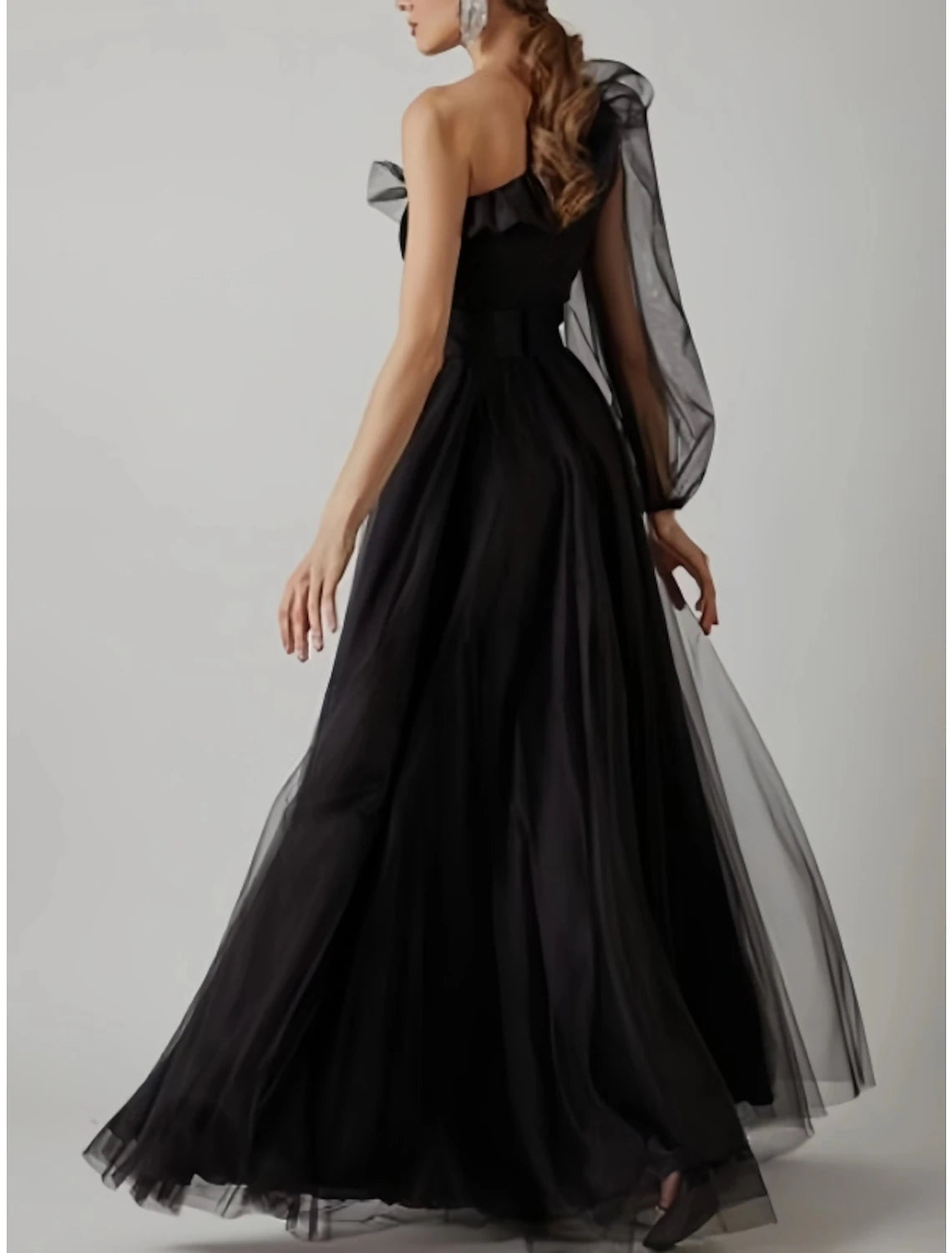 Etuikleid Partykleid Ballkleid Elegantes Kleid Abschlussball Geburtstag Bodenlang Langarm Ein Schulter Tüll mit Falten Rüschen Schlitz