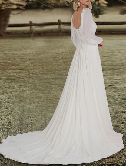 Engagement Open Back Wedding Dresses A-Line Square Neck Long Sleeve Sweep / Brush Train Chiffon Bridal Gowns With Solid Color