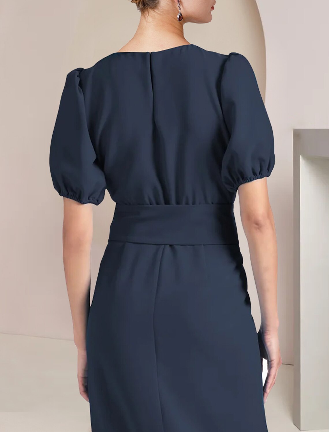 Etuikleid/Säulenkleid für die Mutter der Braut, formeller Hochzeitsgast, elegant, Rundhalsausschnitt, bodenlang, Stretch-Chiffon, kurze Ärmel, mit Schärpe/Band