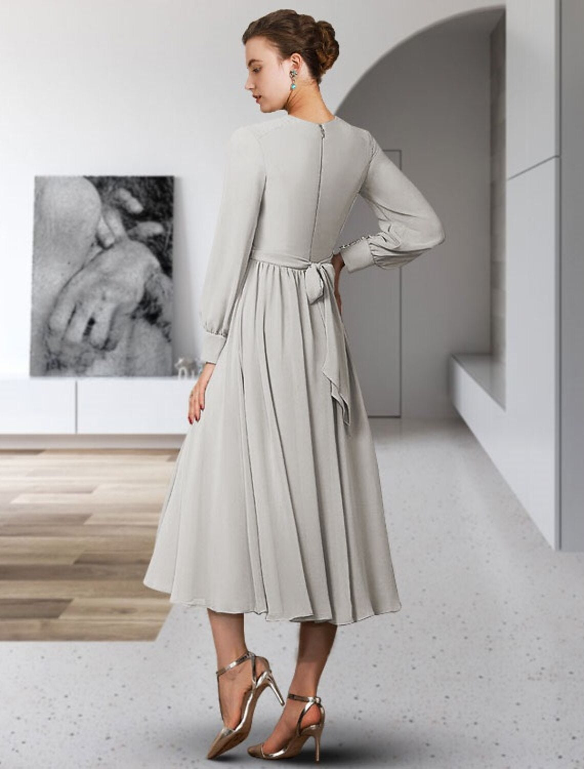 A-Linie Kleid für die Brautmutter, elegant, Rundhalsausschnitt, knielang, Chiffon, lange Ärmel, mit Schleife(n), Knöpfen, Falten