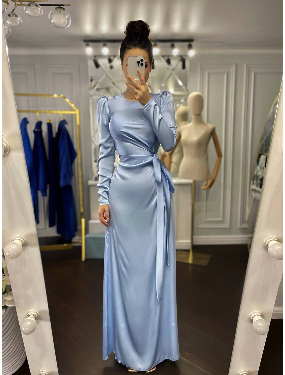 Etuikleid Partykleid Abendkleid Elegantes Kleid Hochzeitsgast Herbst Bodenlang Langarm Stehkragen Brautjungfernkleid Satin mit Rüschen