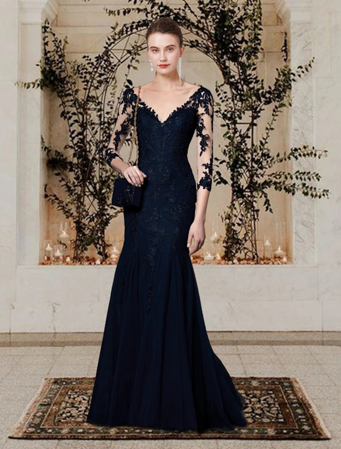 Meerjungfrau/Trompete Kleid für die Brautmutter, elegant, V-Ausschnitt, Schleppe, Spitze, Tüll, kurze Ärmel mit Applikationen