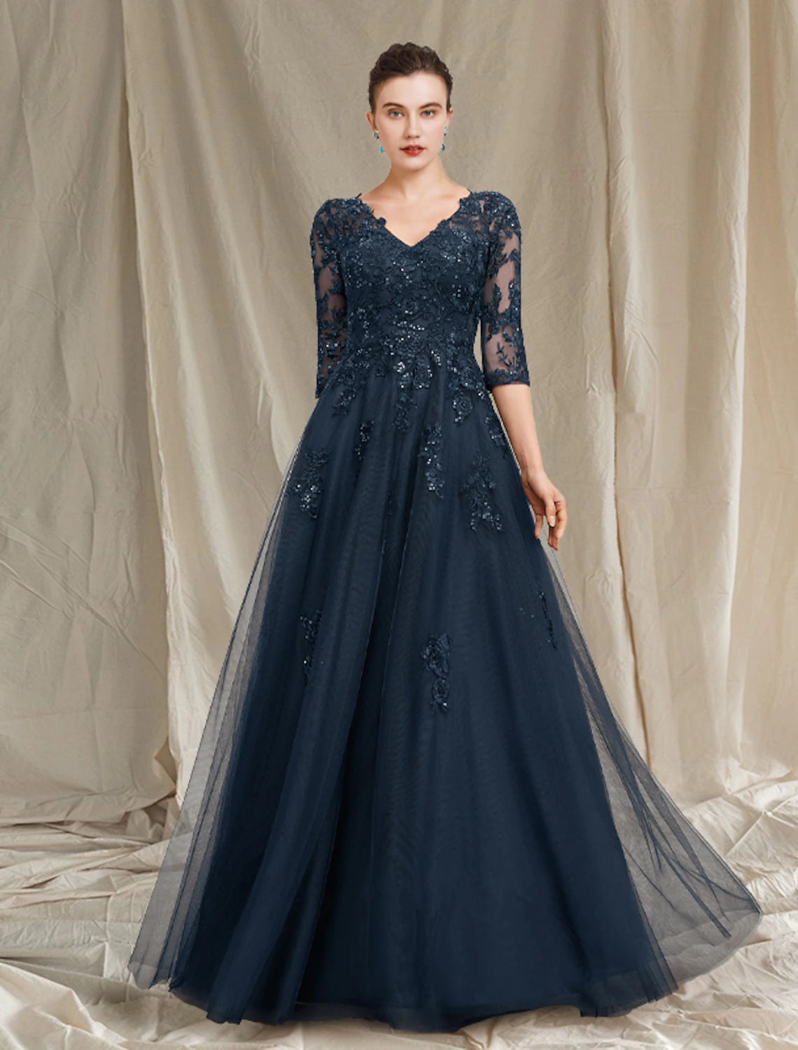 A-Linien-Kleid für die Brautmutter, elegant, luxuriös, V-Ausschnitt, bodenlang, Chiffon, Spitze, Tüll, halbe Ärmel mit Pailletten-Applikationen