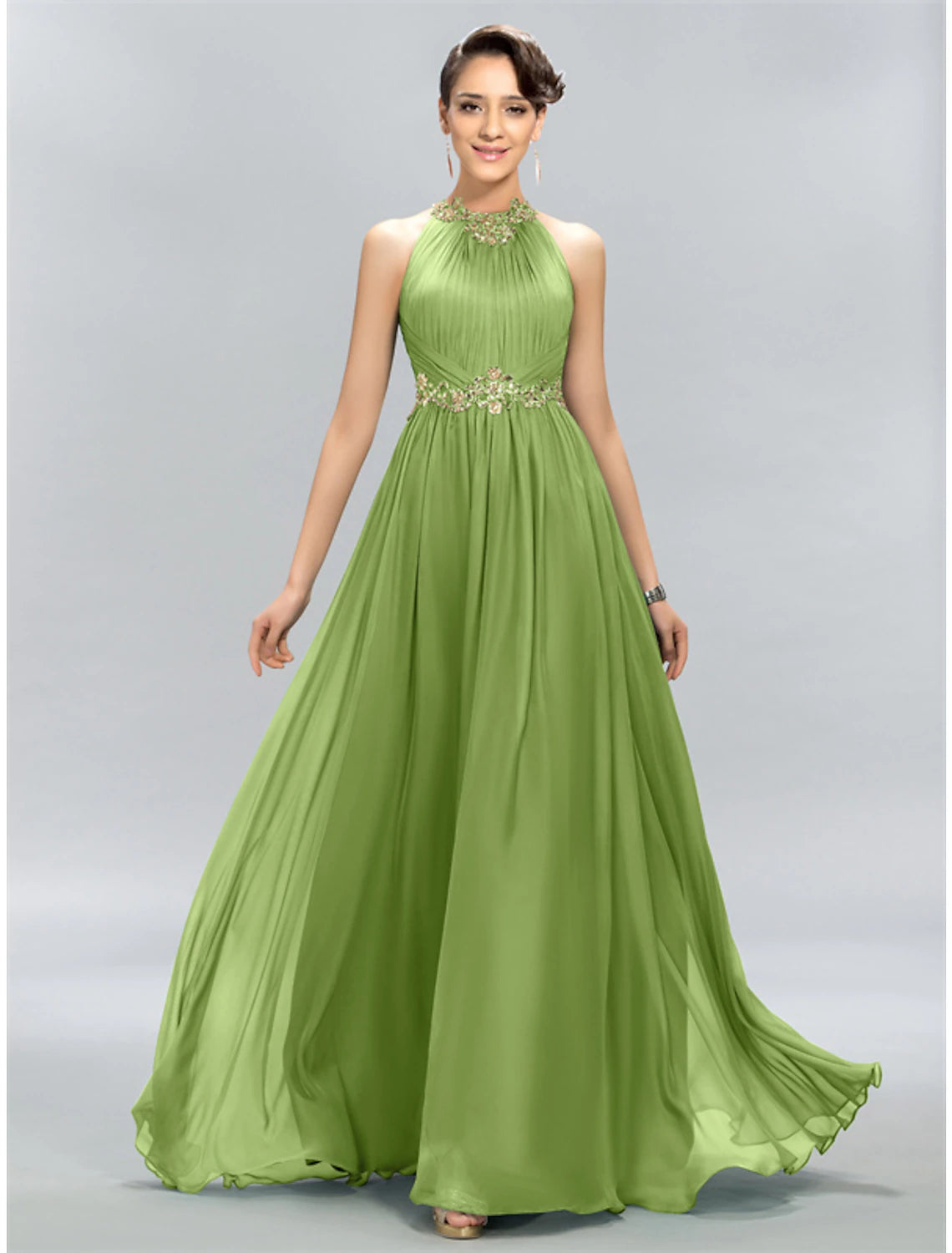 Robe de mariée trapèze longue, tenue de soirée, longueur au sol, sans manches, col licou, en mousseline de soie avec appliques froncées