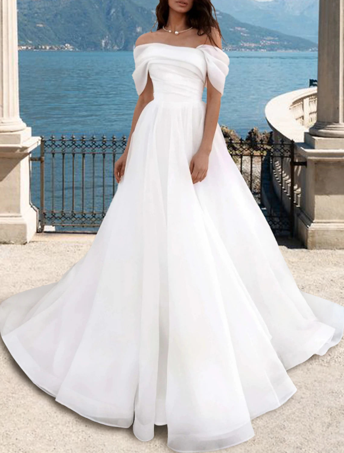 Robes de mariée de plage trapèze, épaules dénudées, manches courtes, traîne courte, robes de mariée en organza avec plis et fronces
