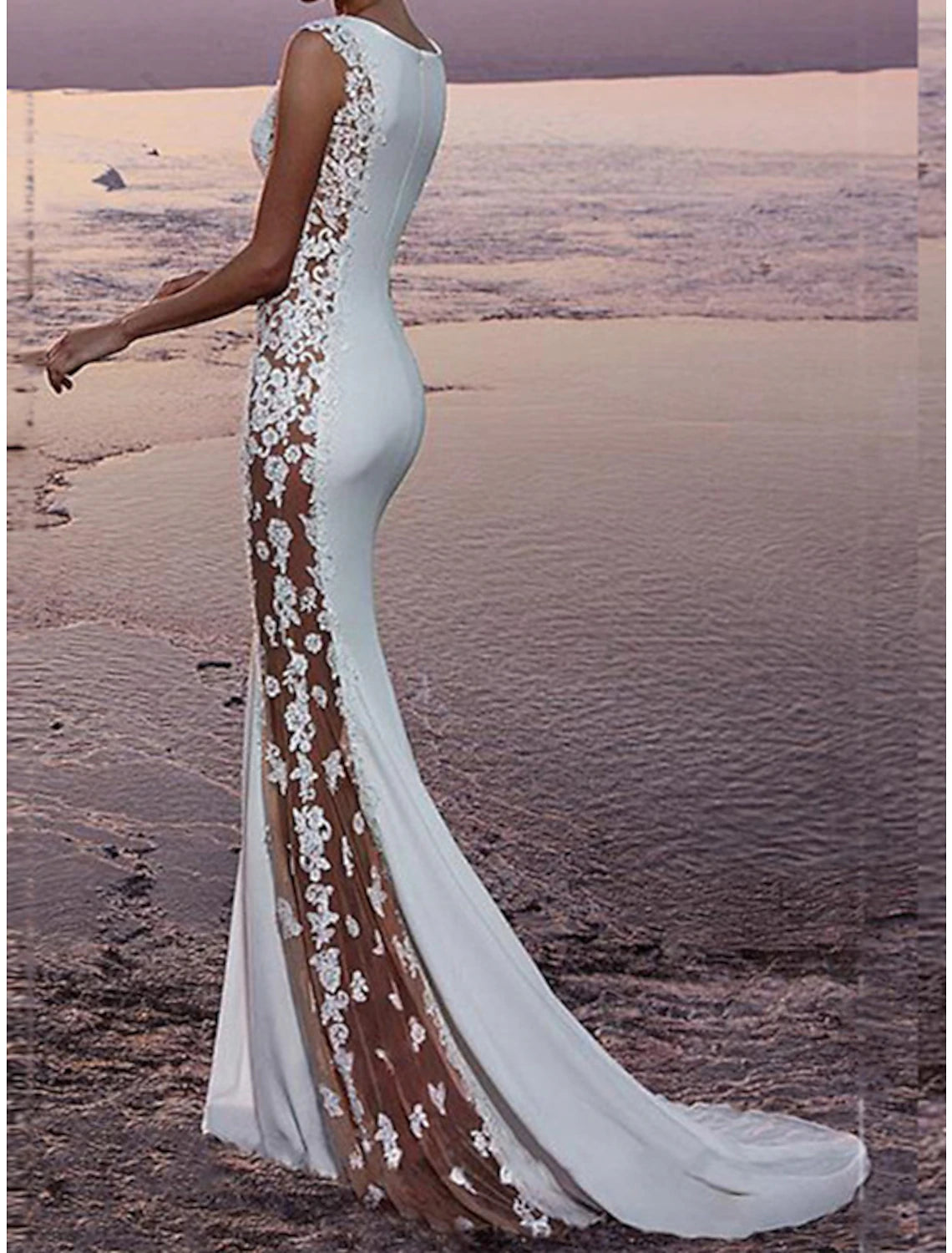 Robes de mariée de plage fourreau/colonne, col rond, sans manches, traîne courte, robes de mariée en dentelle avec appliques