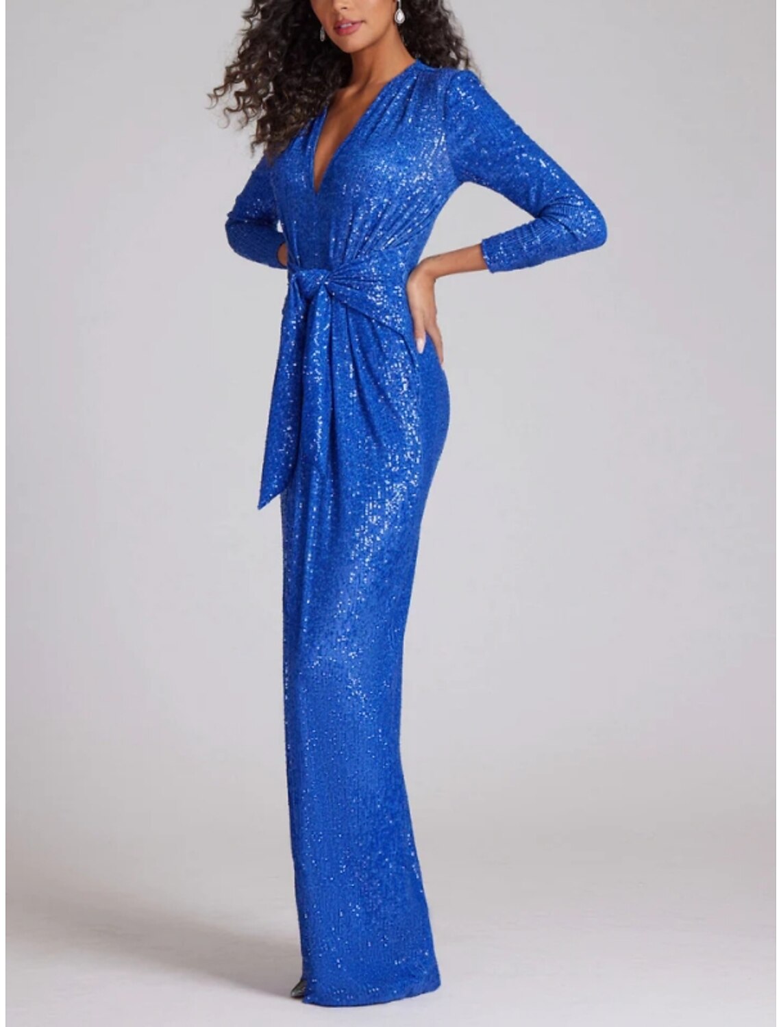 Etuikleid/Säulenkleid, elegantes Abendkleid, formelles Herbstkleid, bodenlang, lange Ärmel, V-Ausschnitt, Pailletten mit Glitzer, gerüscht