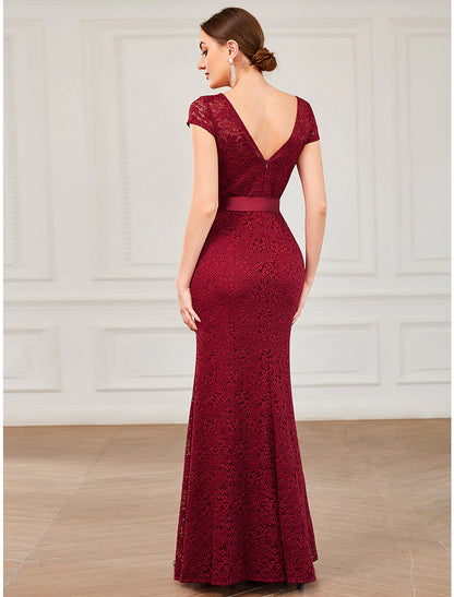 Mermaid / Trumpet Evening Gown Vintage Dress Formal Wedding Guest Floor Length Short Sleeve Jewel Neck Bridesmaid Dress Lace V Back with Strappy