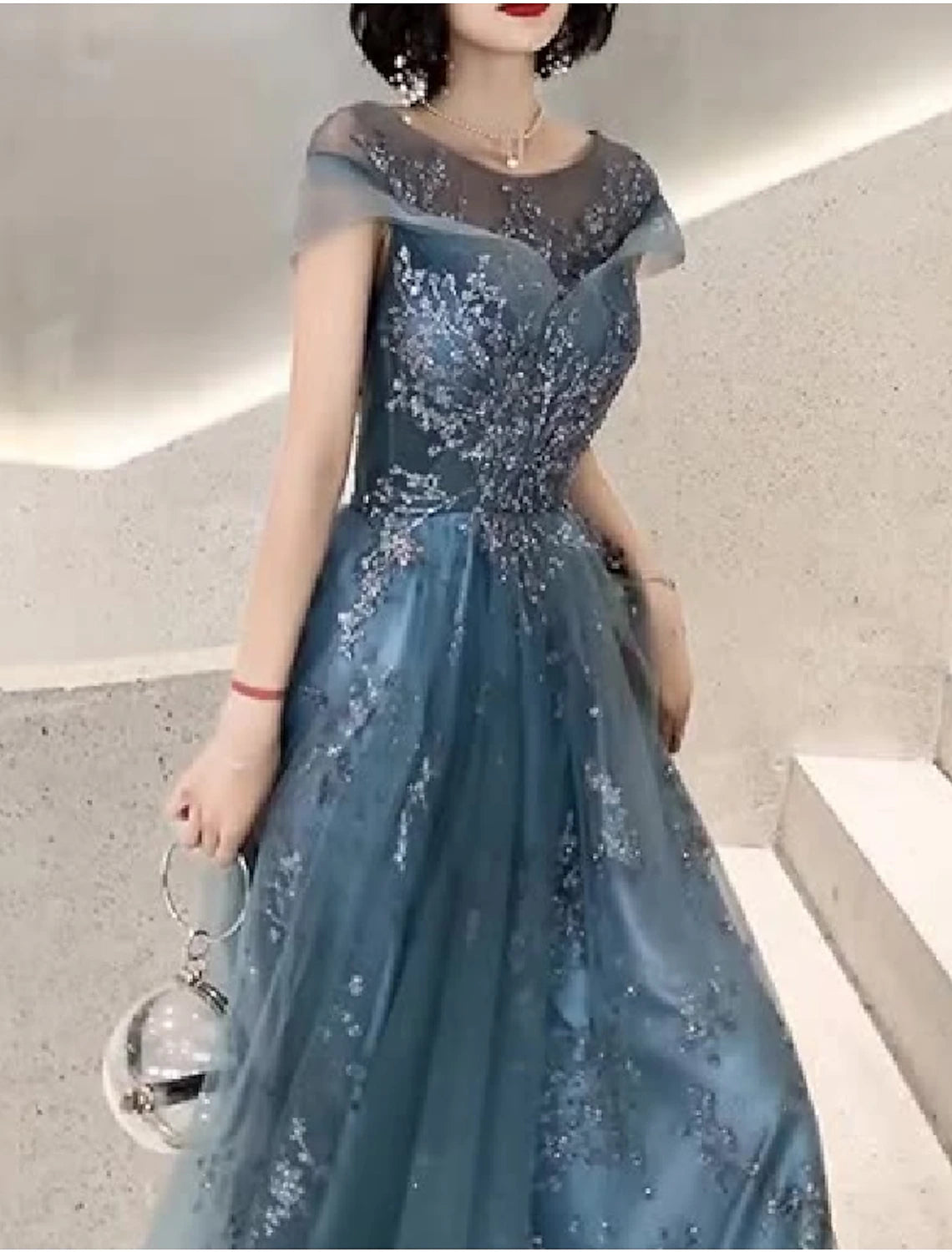 A-Linien-Kleid für die Mutter der Braut, Hochzeitsgast, elegant, Rundhalsausschnitt, bodenlang, Tüll, kurze Ärmel, mit Faltenapplikationen