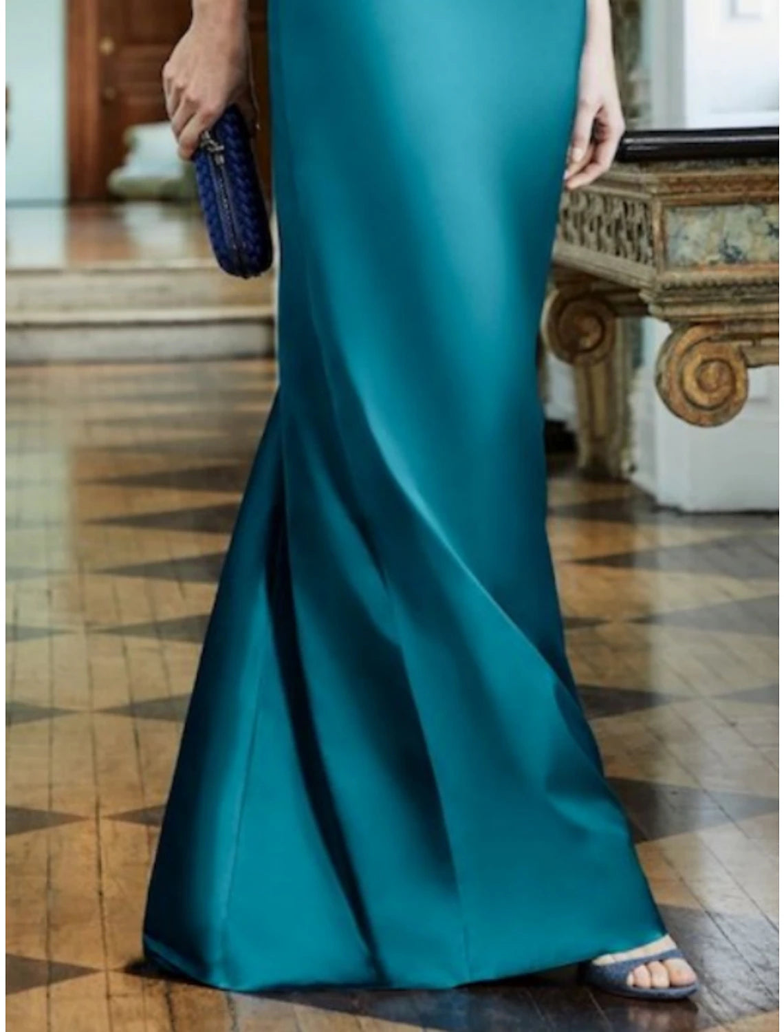 Etuikleid/Säulenkleid für die Brautmutter, Hochzeitsgast, elegante Party, schulterfrei, bodenlang, Satin, kurze Ärmel mit Rüschen