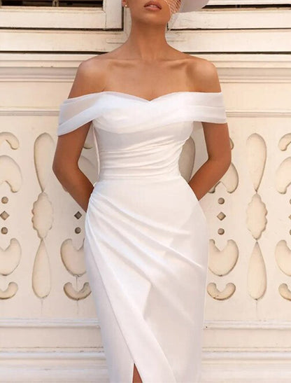 Beach Sexy Casual Wedding Dresses Mermaid / Trumpet Off Shoulder Cap Sleeve Court Train Chiffon Bridal Gowns With Ruched Split Front