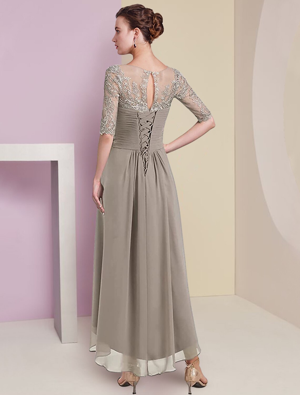 Zweiteiliges A-Linien-Kleid für die Mutter der Braut, formelle Hochzeitsgäste, eleganter High-Low-V-Ausschnitt, asymmetrische knielange Chiffon-Spitze, halbe Ärmel, Wickelkleid inklusive gerüschter Applikationen