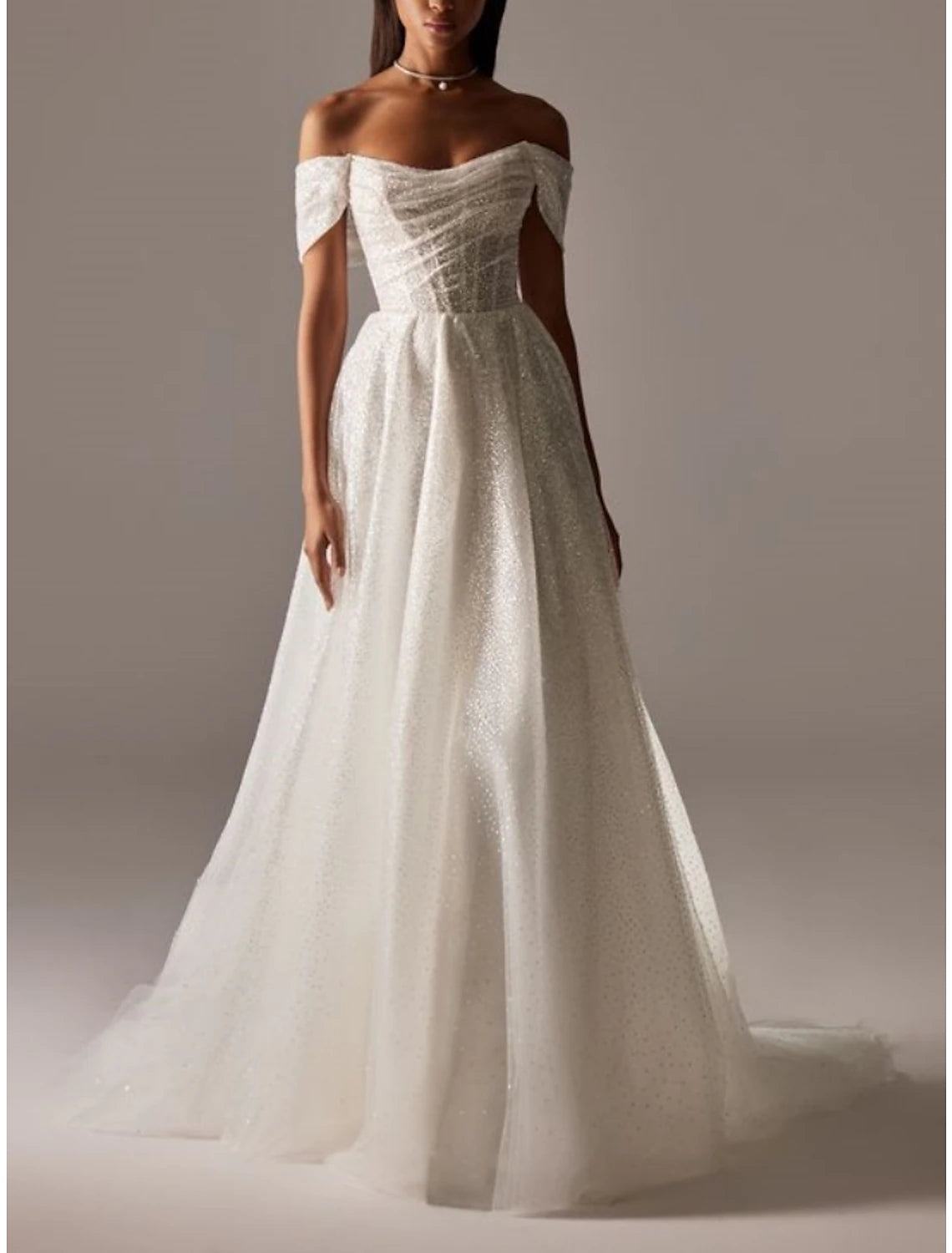 Formal Wedding Dresses A-Line Off Shoulder Short Sleeve Court Train Tulle Bridal Gowns With Pleats Ruched
