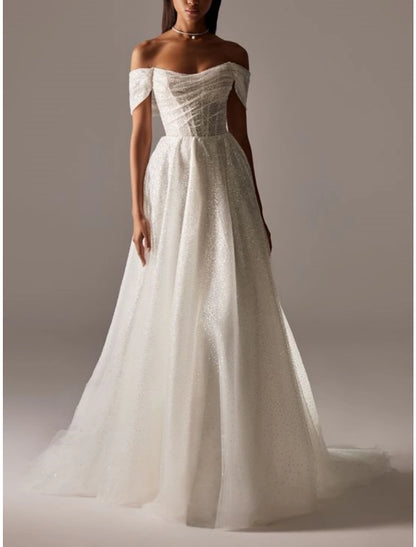 Formal Wedding Dresses A-Line Off Shoulder Short Sleeve Court Train Tulle Bridal Gowns With Pleats Ruched
