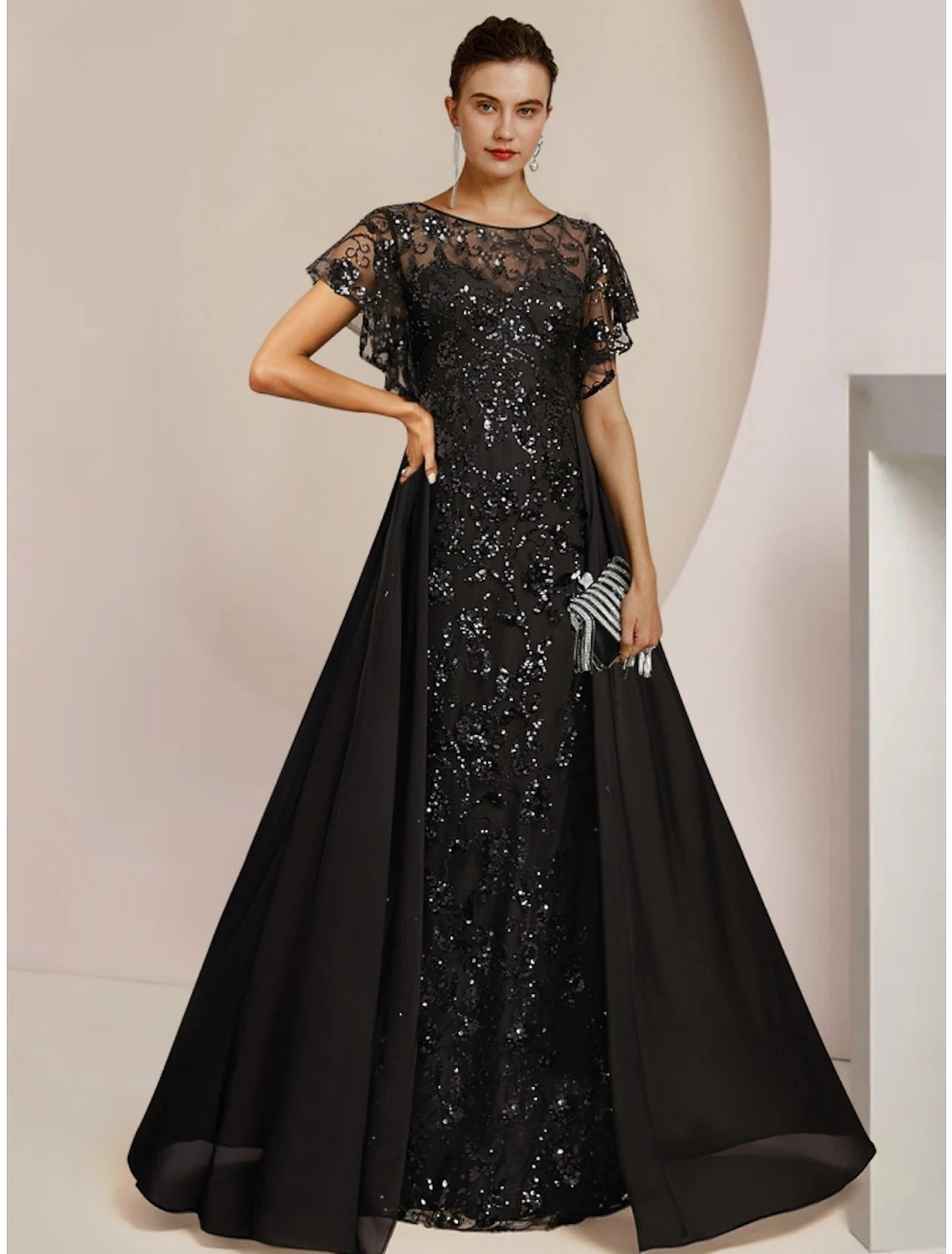 A-Linie Kleid für die Brautmutter, Hochzeitsgast, elegant, U-Ausschnitt, bodenlang, Chiffon, Spitze, Pailletten, kurze Ärmel mit Paillettenrüschen, einfarbig
