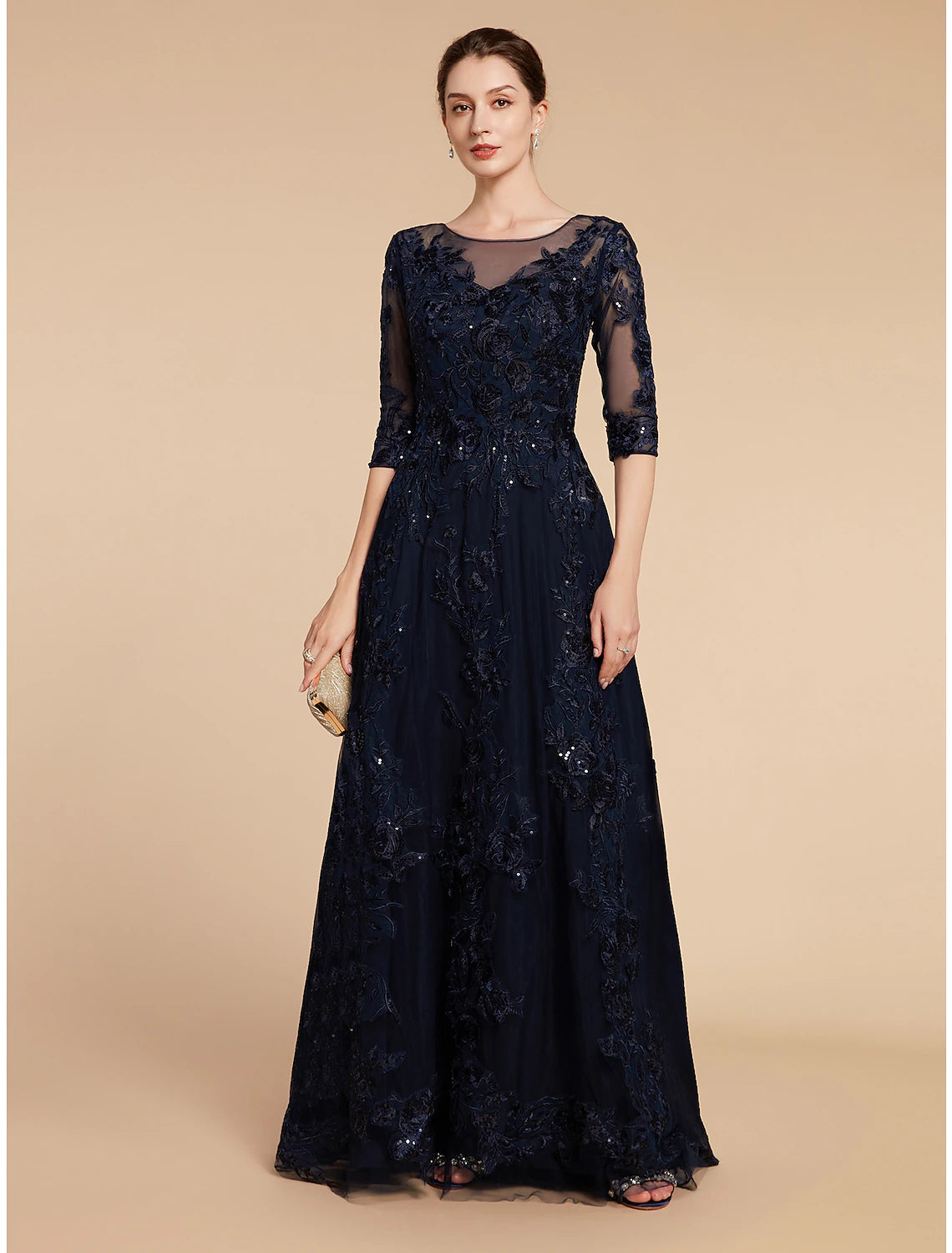 A-Line Mother of the Bride Dress Elegant Luxurious Jewel Neck Floor Length Lace Tulle Imitated Silk 3/4 Length Sleeve with Sequin Appliques