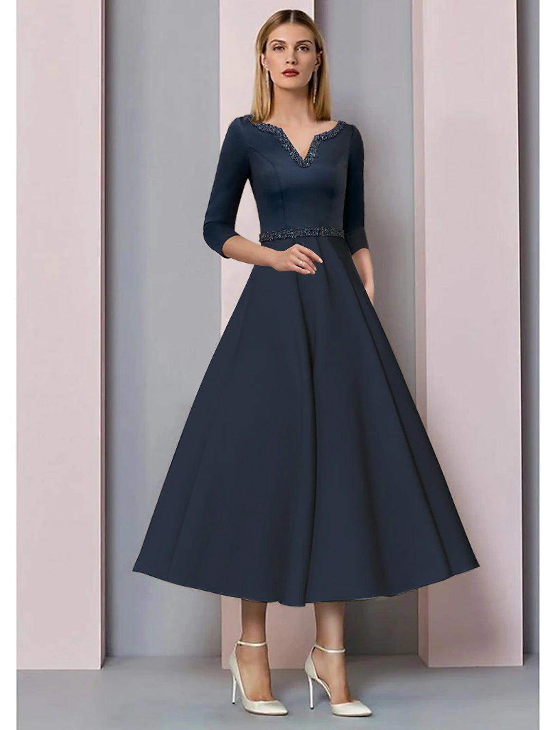 A-Linie Kleid für die Brautmutter, Hochzeitsgast, Vintage, elegant, V-Ausschnitt, teelang, Satin, kurze Ärmel, mit Falten, Perlen