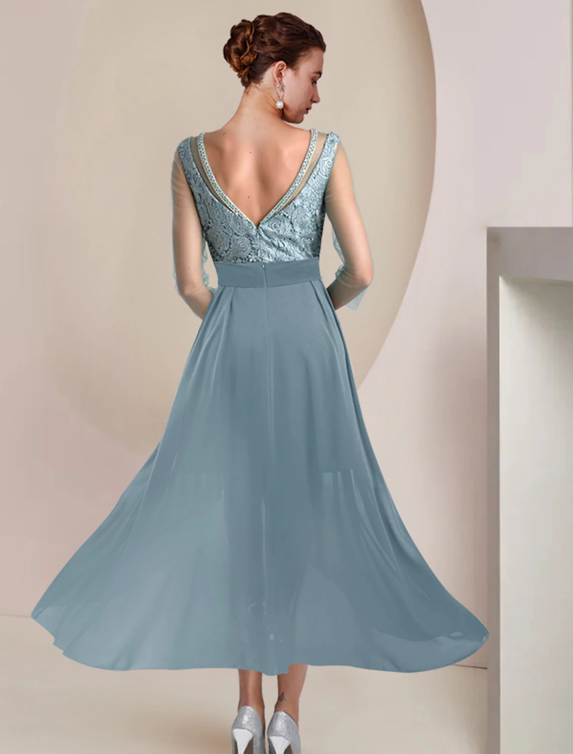 Zweiteiliges Etuikleid/Säulenkleid für die Mutter der Braut, formeller Hochzeitsgast, Vintage, elegant, Rundhalsausschnitt, teelang, knielang, Chiffon, Spitze, 3/4-Ärmel mit Perlenapplikationen
