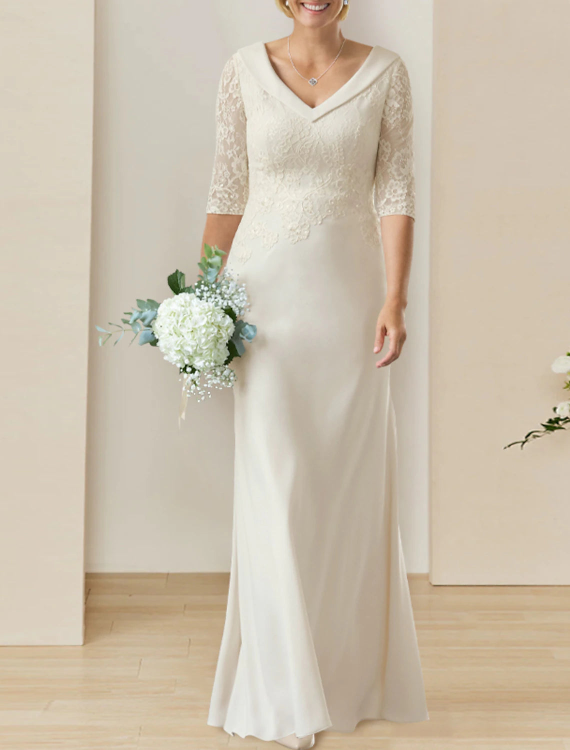 Reife bescheidene Brautkleider Mantel / Spalte V-Ausschnitt Halbarm bodenlangen Chiffon Brautkleider mit Applikationen Volltonfarbe
