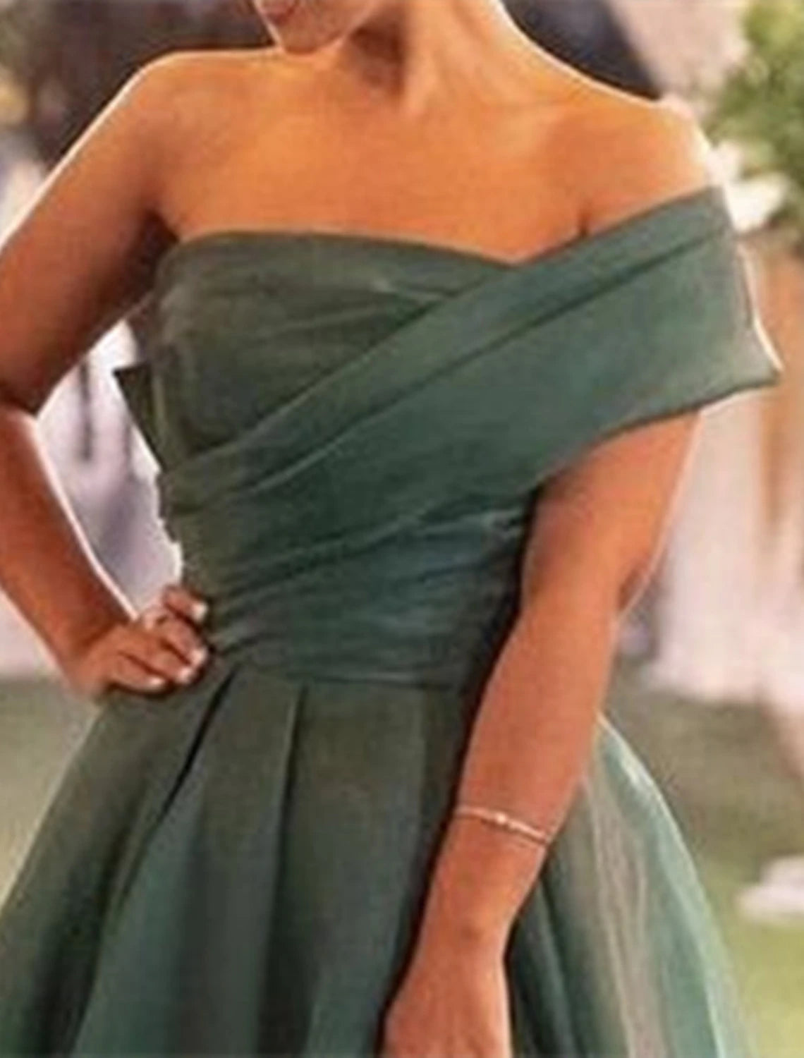 A-Line Evening Gown Red Green Dress Wedding Guest Prom Sweep / Brush Train Short Sleeve One Shoulder Organza with Ruched Slit