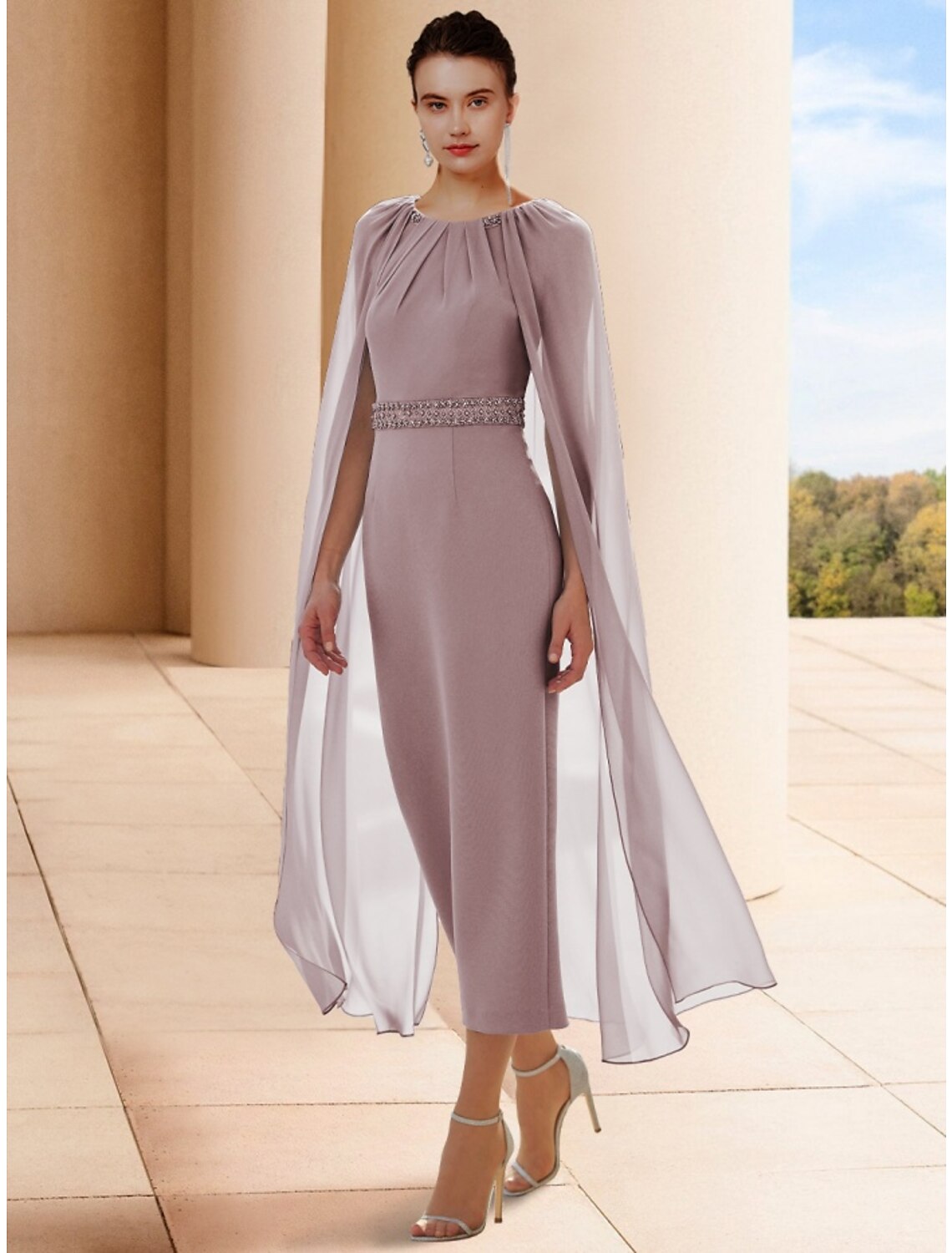 Etuikleid/Säulenkleid für die Brautmutter, elegantes U-Ausschnitt, knöchellang, Chiffon, ärmellos, mit Perlenstickerei, Rüschen