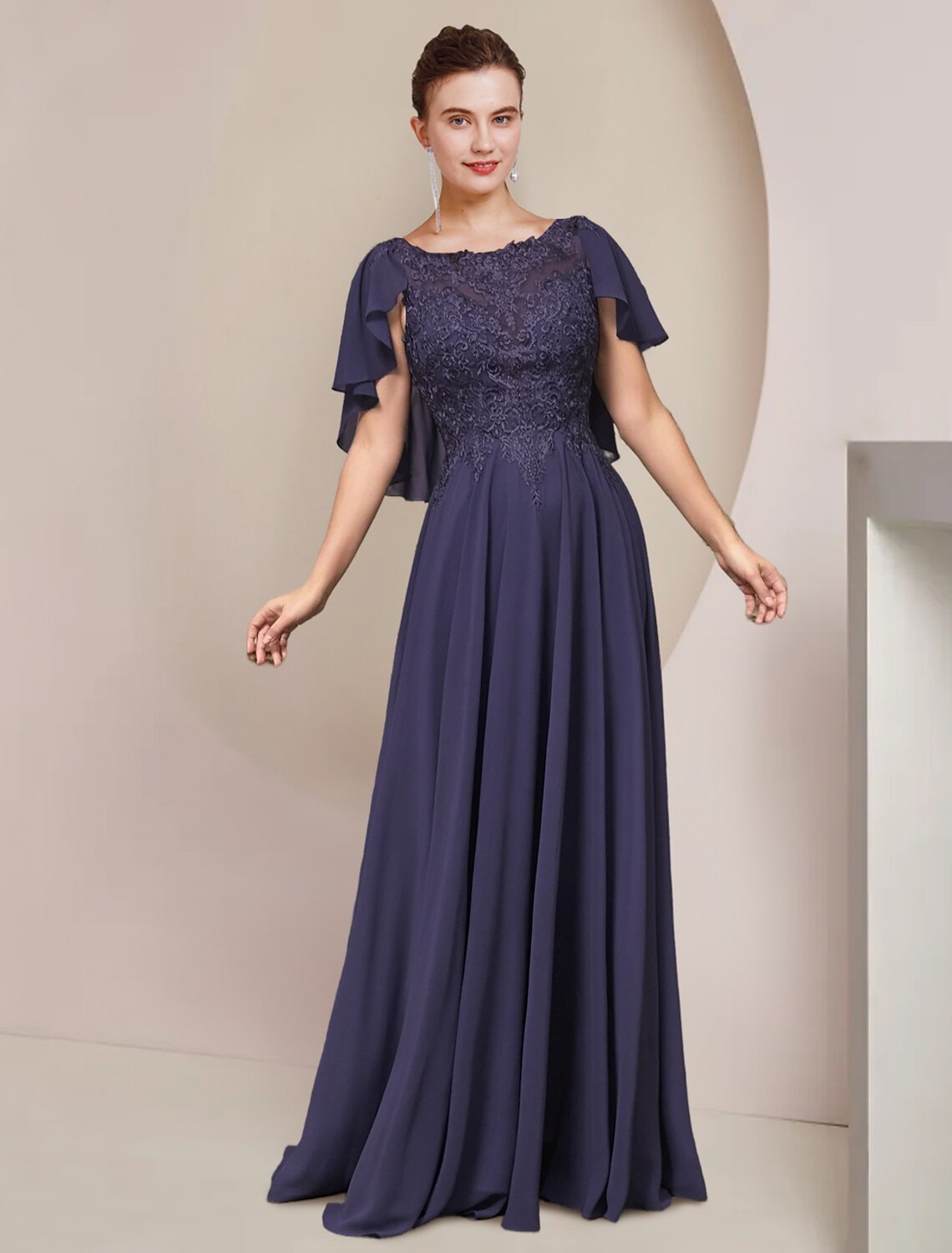 A-Linien-Kleid für die Mutter der Braut, formeller Hochzeitsgast, elegant, U-Ausschnitt, bodenlang, Chiffon, Spitze, ärmellos, mit Faltenapplikationen