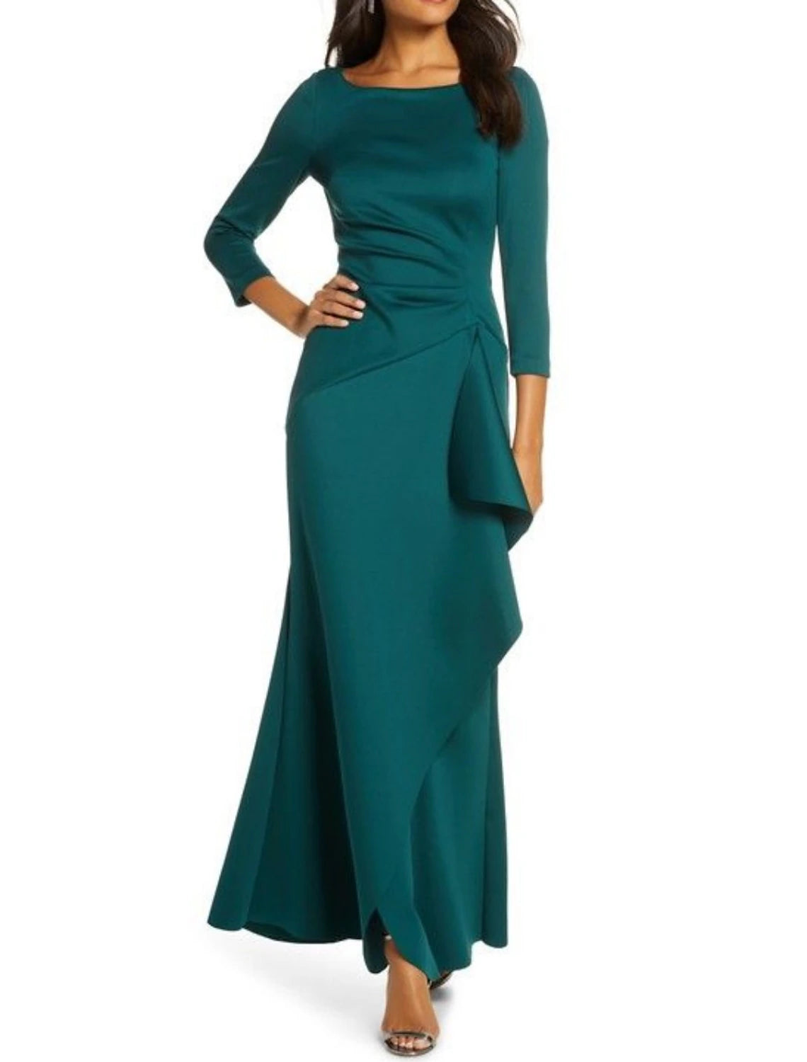 Etuikleid/Säulenkleid für die Brautmutter, Hochzeitsgast, elegante Party, U-Ausschnitt, knöchellang, Satin, Spitze, 3/4-Ärmel mit Rüschen