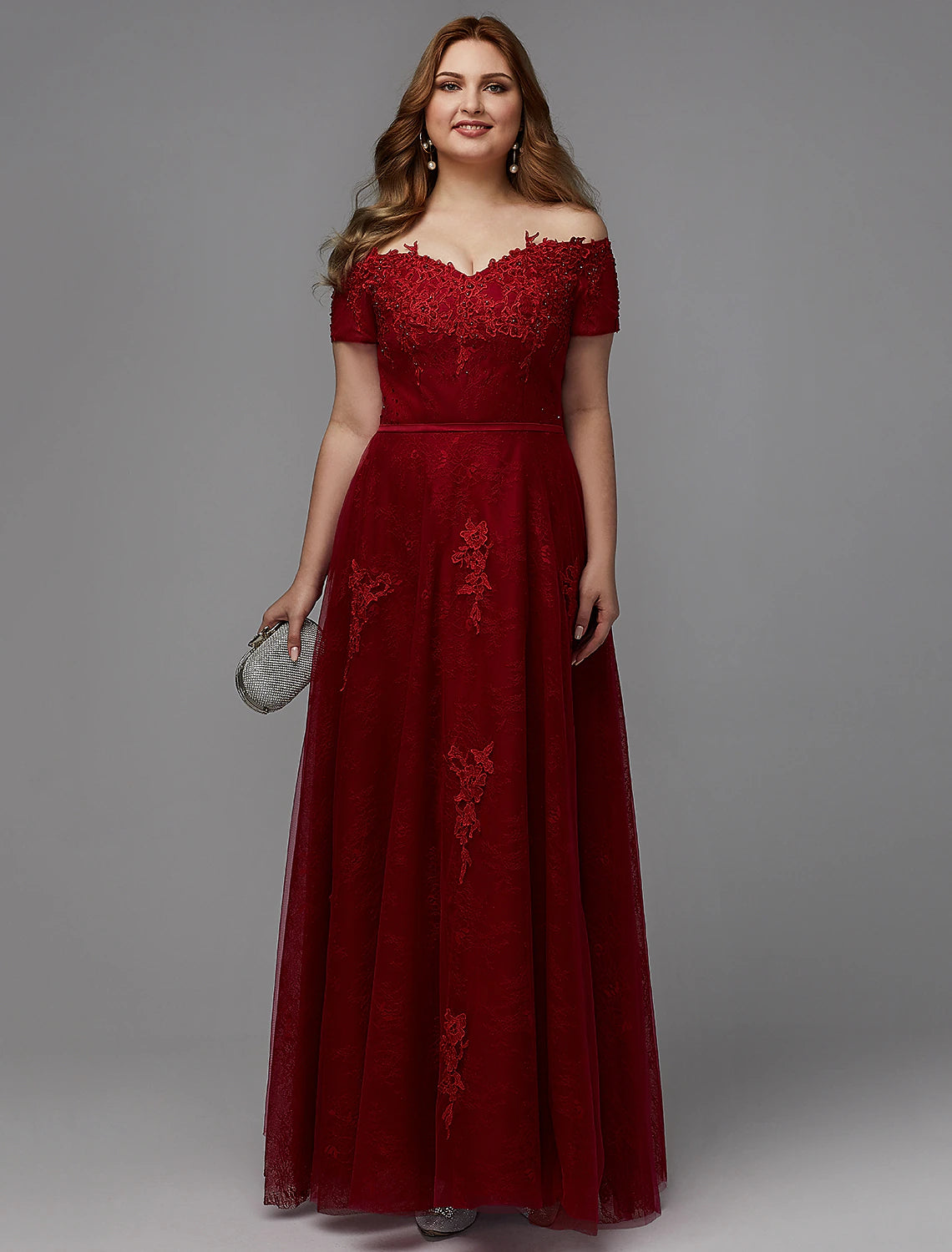 Robe trapèze grande taille pour invité de mariage, bal de promo, longueur au sol, manches courtes, épaules dénudées, dentelle, lacets avec appliques de perles