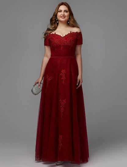 Robe trapèze grande taille pour invité de mariage, bal de promo, longueur au sol, manches courtes, épaules dénudées, dentelle, lacets avec appliques de perles