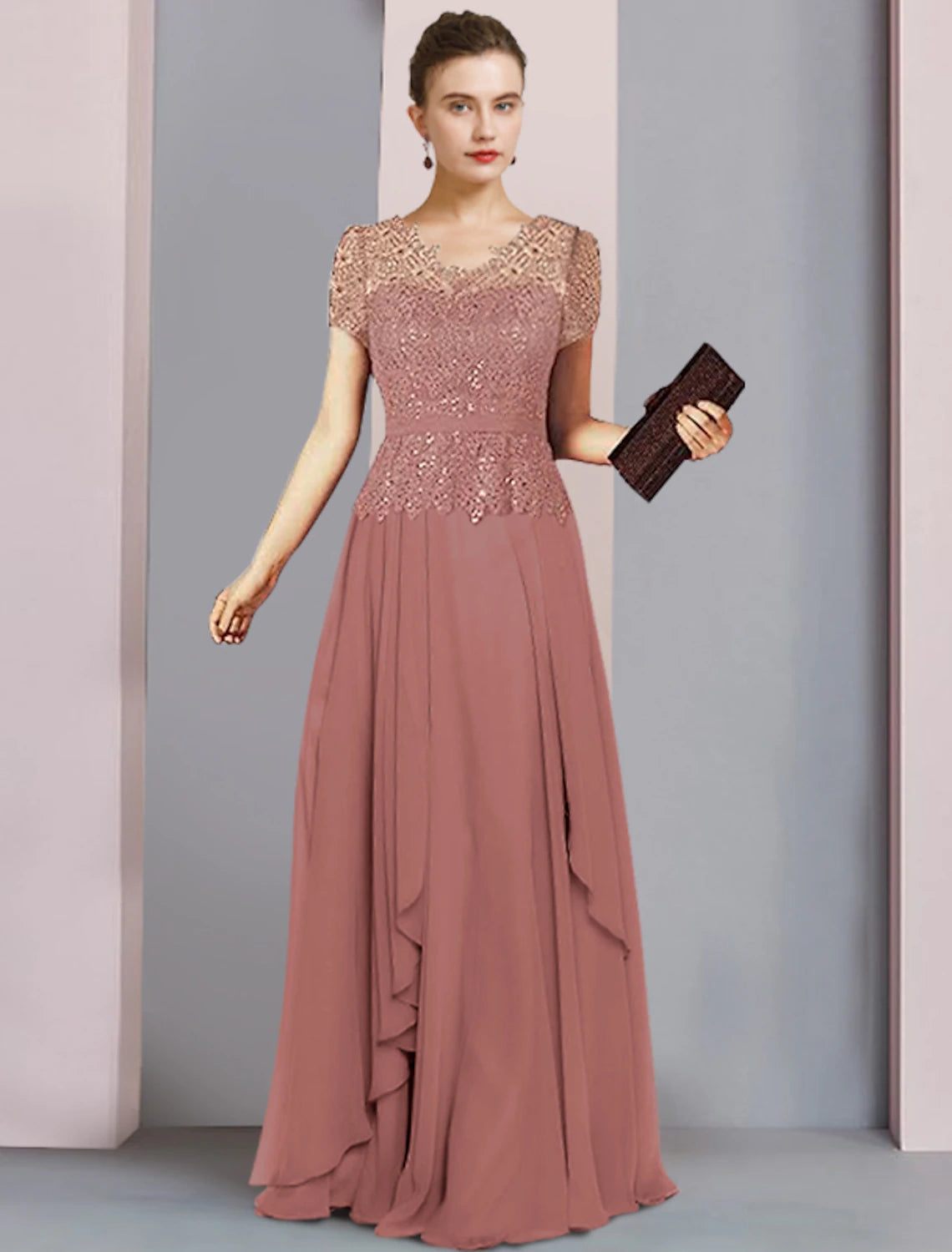 A-Linien-Kleid für die Mutter der Braut, formelle Party, funkelnd und glänzend, elegant, V-Ausschnitt, bodenlang, Chiffon, Pailletten, kurze Ärmel mit Falten, Pailletten