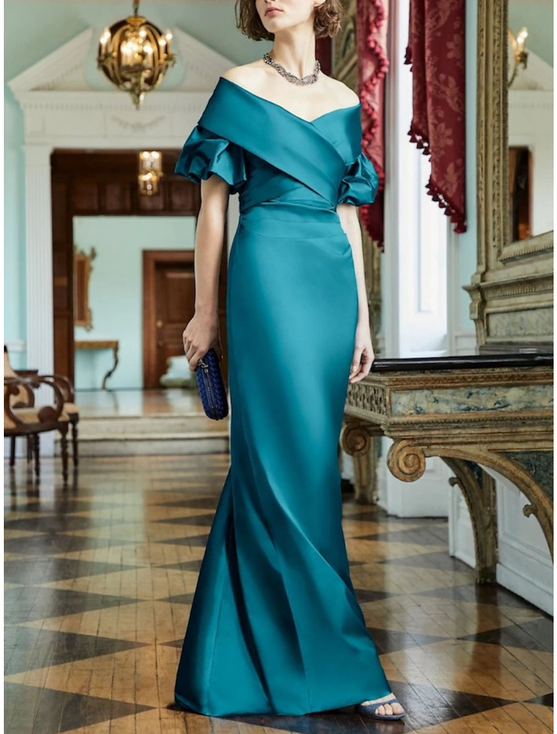 Etuikleid/Säulenkleid für die Brautmutter, Hochzeitsgast, elegante Party, schulterfrei, bodenlang, Satin, kurze Ärmel mit Rüschen