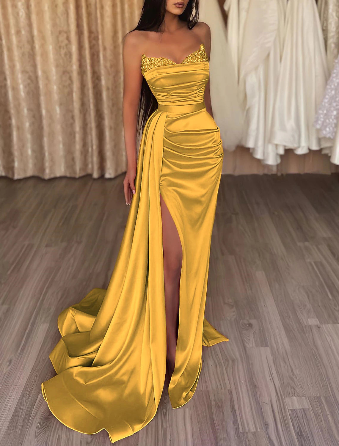 Meerjungfrau-Kleid mit Rüschen, Satinkleid, Cocktailparty, Abschlussball, Hofschleppe, ärmellos, trägerlos, Brautjungfernkleid mit Perlen, Pailletten, reine Farbe