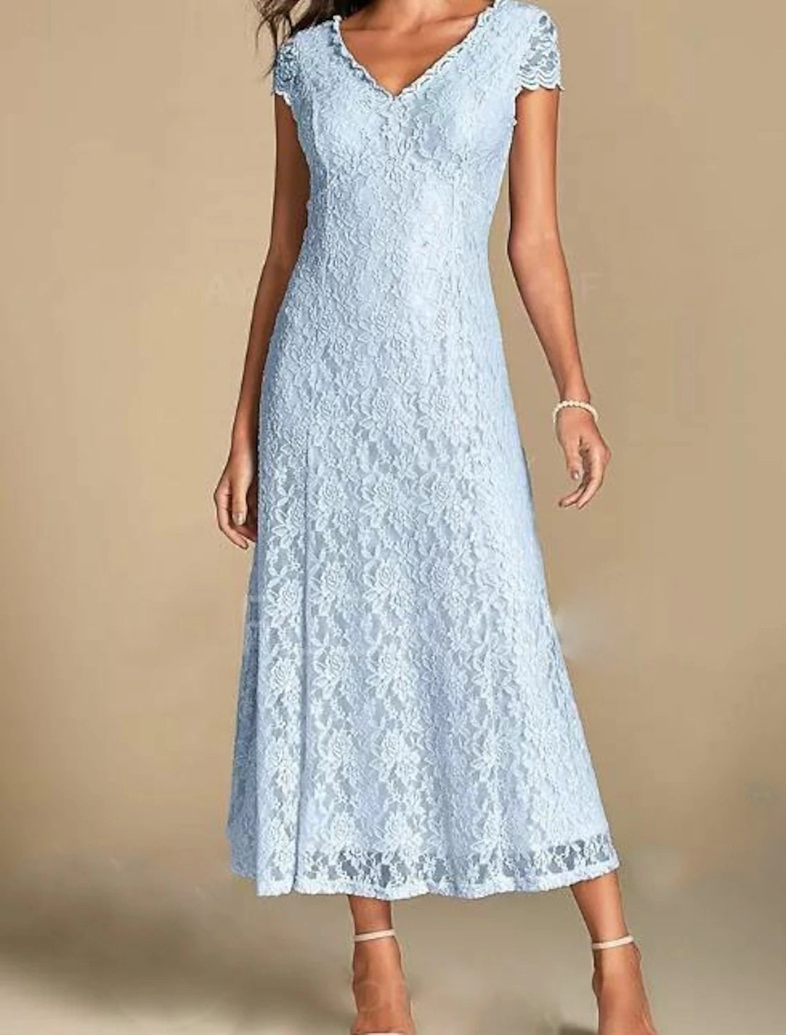 A-Linie Kleid für die Brautmutter, Hochzeitsgast, Übergröße, V-Ausschnitt, knöchellang, Spitze, kurze Ärmel mit Falten