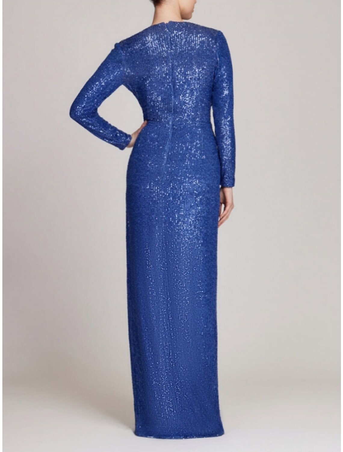 Etuikleid/Säulenkleid, elegantes Abendkleid, formelles Herbstkleid, bodenlang, lange Ärmel, V-Ausschnitt, Pailletten mit Glitzer, gerüscht
